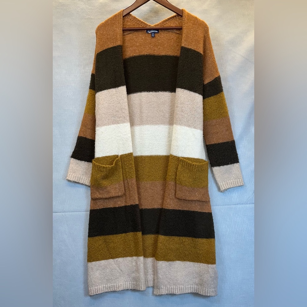 Freshman 1996 Long Cardigan, Sweater, Duster, Brown/ Beige Striped Size XS